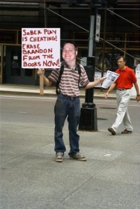 FILE PHOTO:  Nate, with no sleep, protests Brandon's allegedly sober win of POP '05